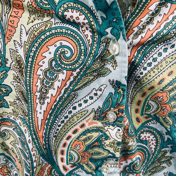 Lands End Womens Top 18W Green Yellow Paisley Button Front 3/4 Sleeve Stretch - Picture 3 of 10